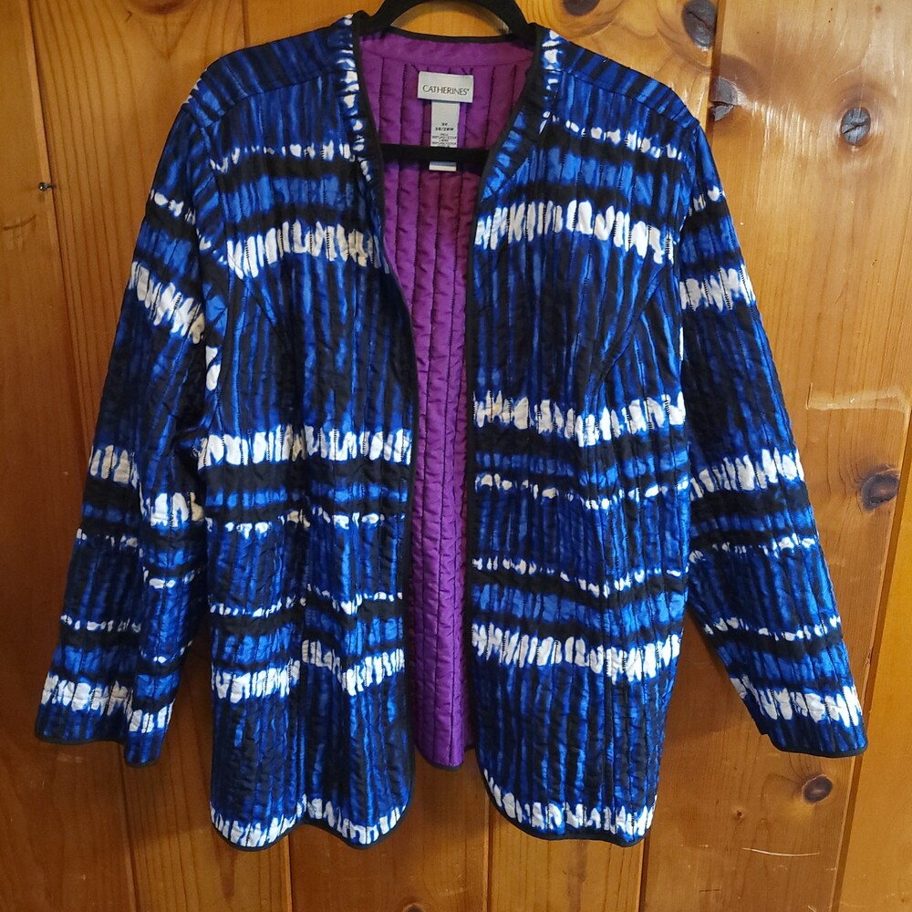 Catherines Cardigan 3X Blue Black White Polyester Textured Long Sleeve Sweater